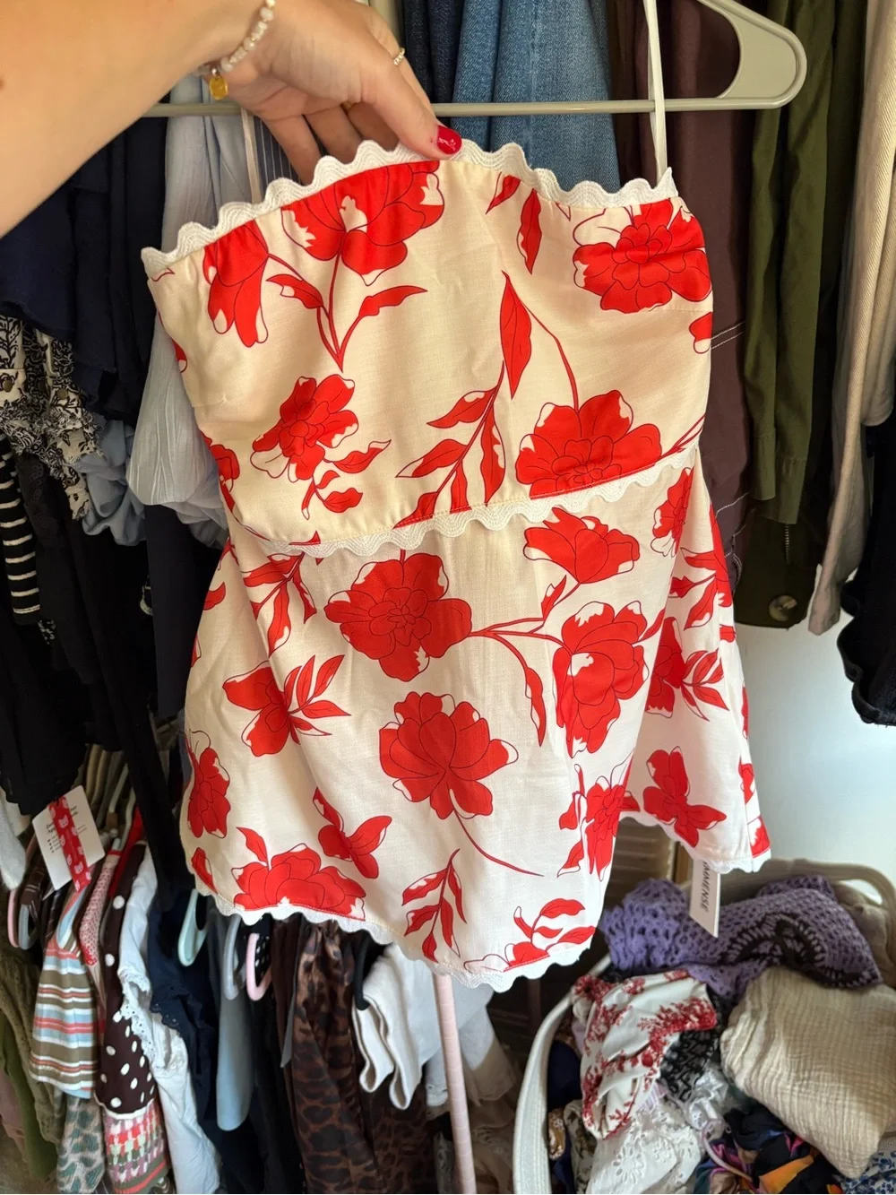 NWT Strapless Floral Romper in White with Red Flowers